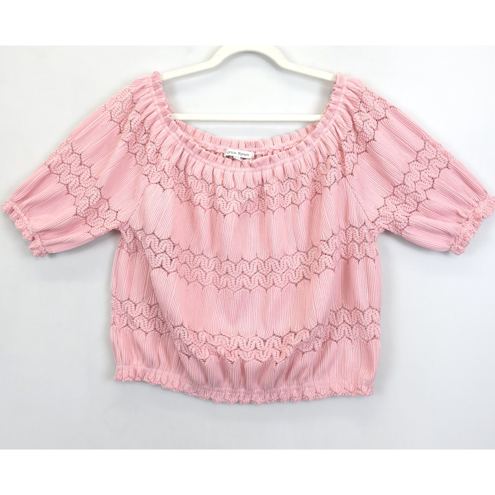 Lynn Ryan Shirt Womens XL Smocked Peasant Off Shoulder Boho Blouse Crochet Top